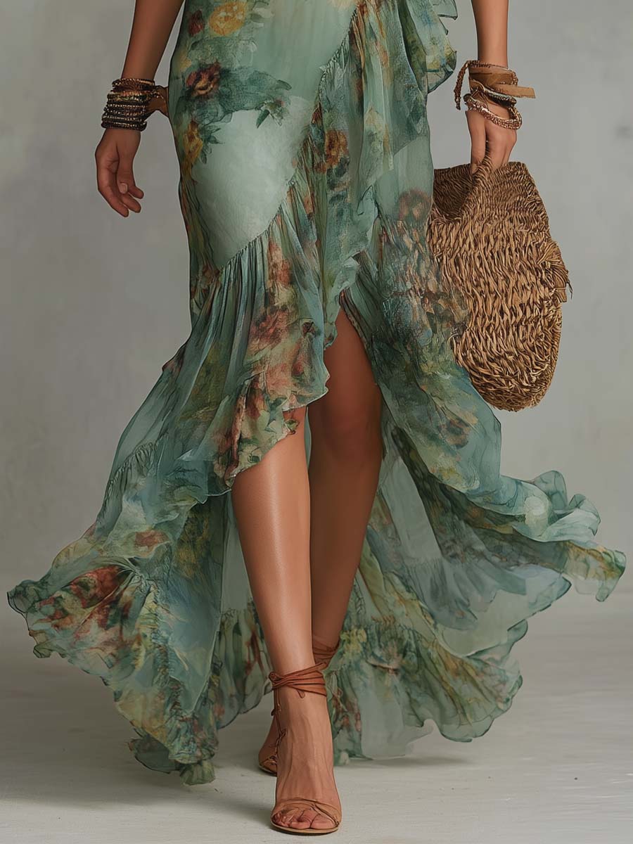Retro Romantic Floral Wrap Long Dress