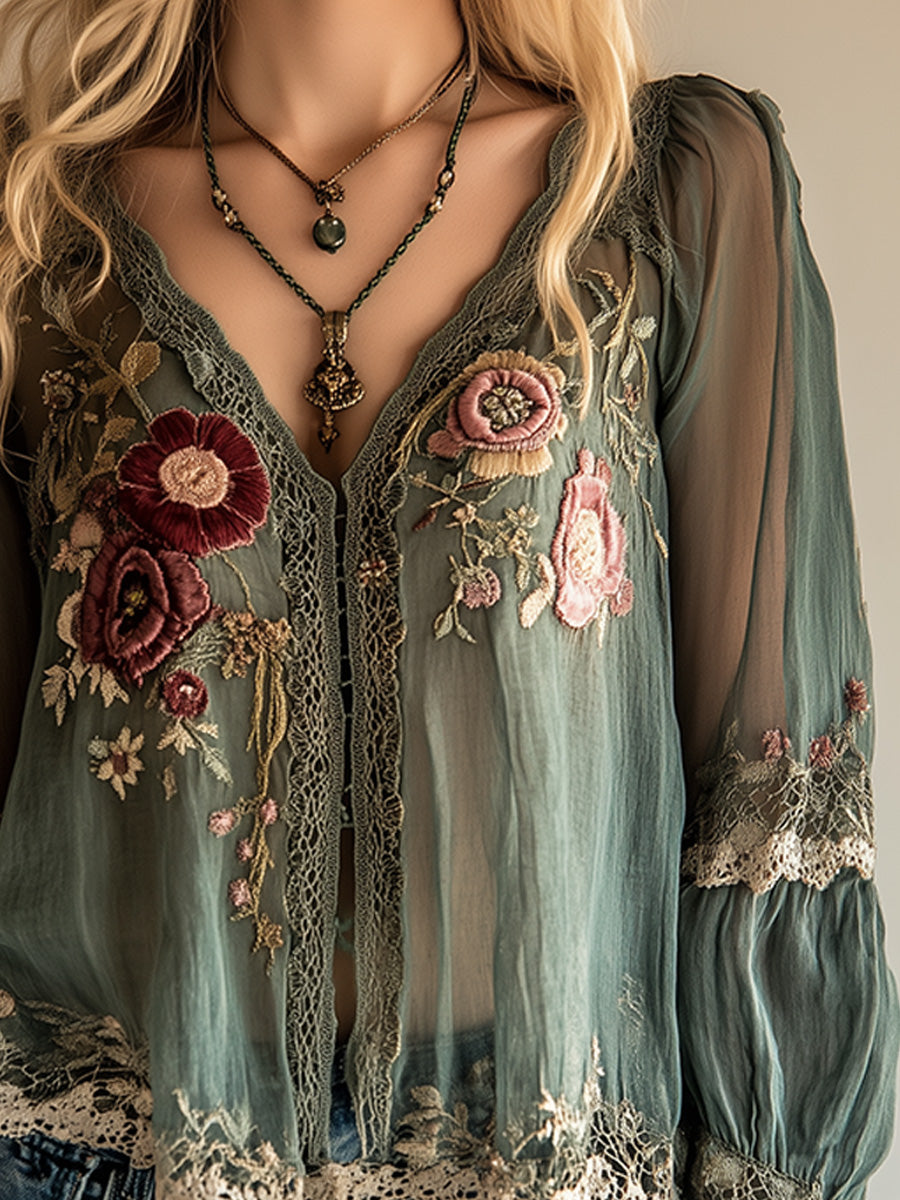 Bohemian Vintage Green Embroidered Shirt