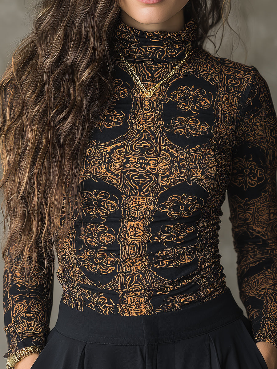 Retro Totem Print Stretch Knit Slim High Neck T-shirt