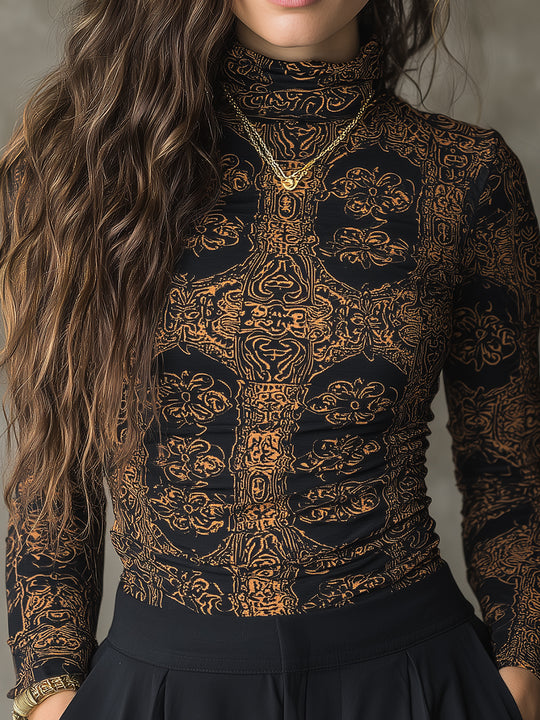 Retro Totem Print Stretch Knit Slim High Neck T-shirt