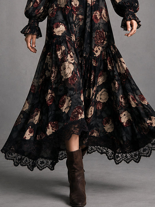 Vintage Rose Print Wrap Smocked Waist Maxi Dress With Lace Trim