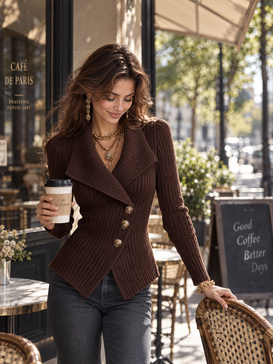 Refined Chocolate Brown Ribbed Asymmetric Button Knit Cardigan