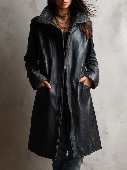 Bohemian Zip-front Eco-leather Midi Jacket