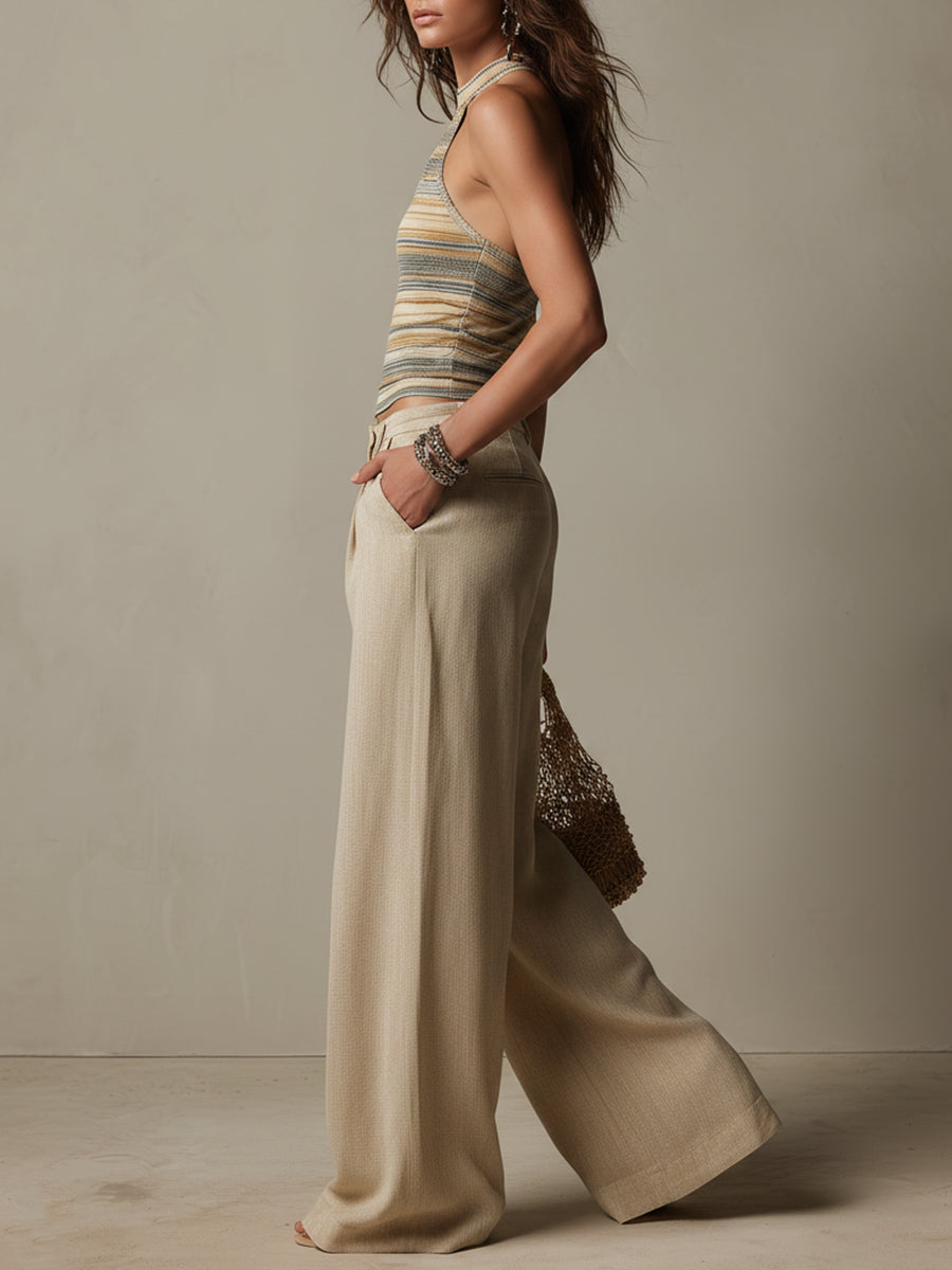 Retro Striped Knit Vest & Wide-Leg Pants Set