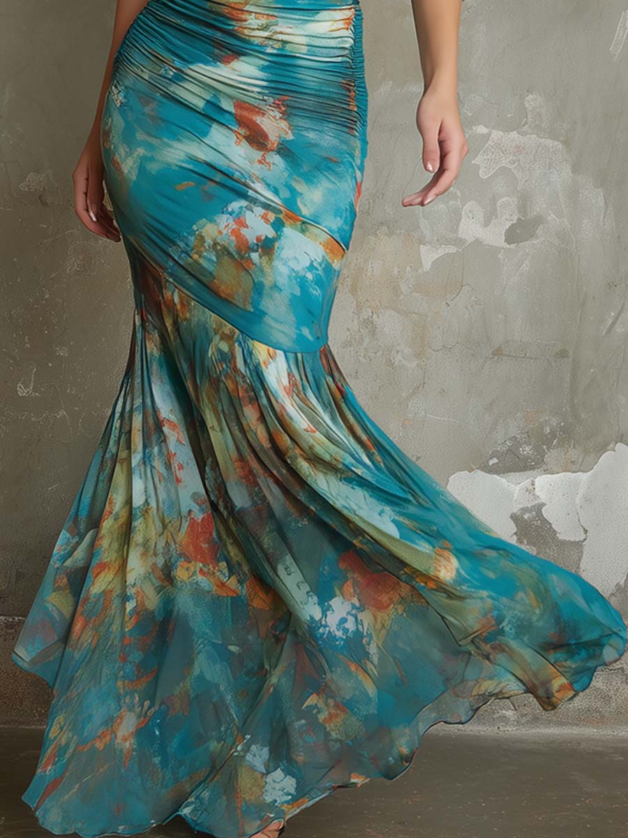 Retro One-shoulder Floral Mesh Maxi Dress