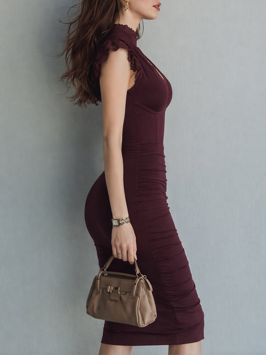 Elegant Keyhole Collar Hip Midi Dress With Lace