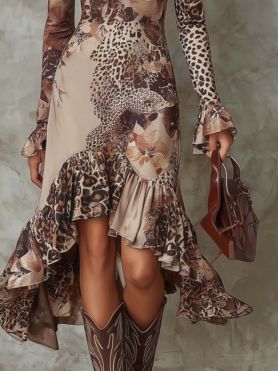 Retro Leopard Print Floral Print Polyester Satin Midi Dress
