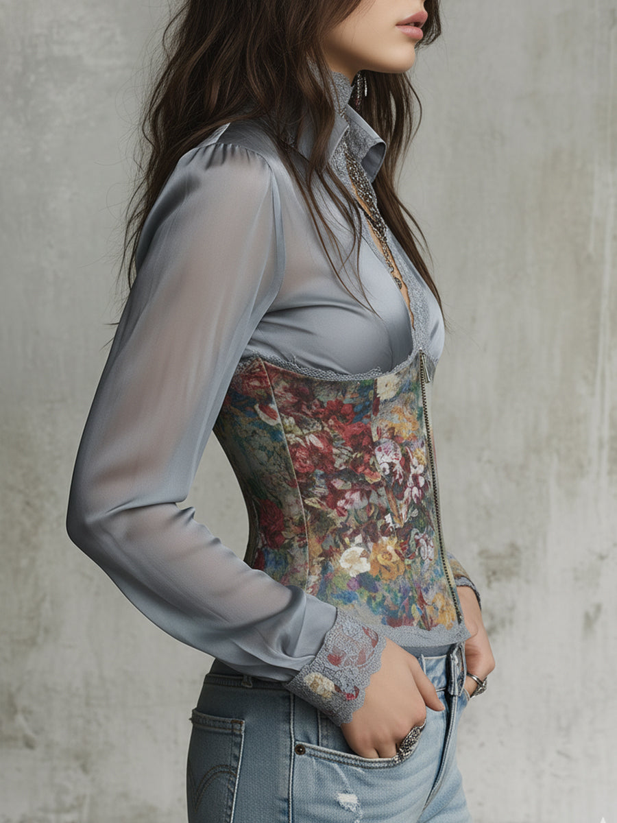 Elegant Oil Painting Flower Satin Long Sleeve Blouse