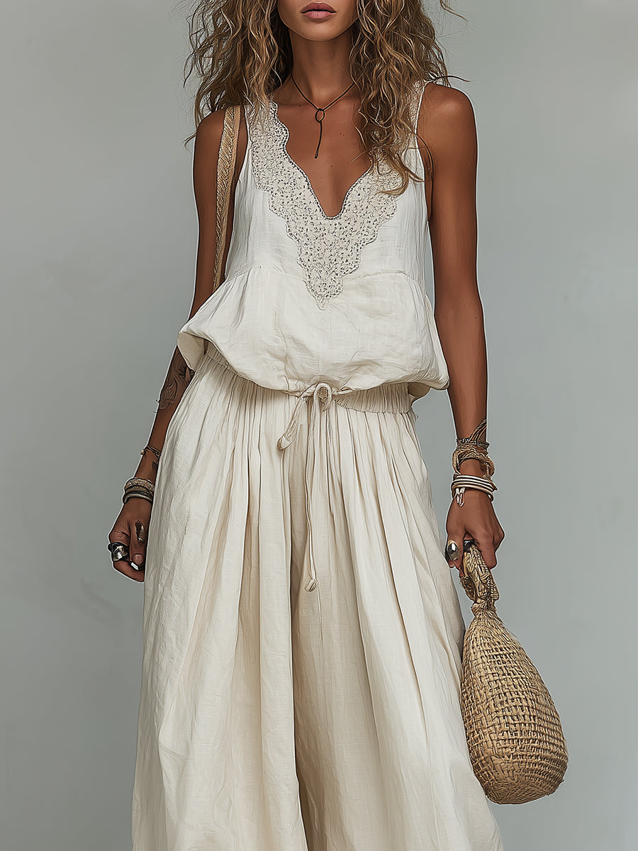 Boho Embroidered Vest & Balloon Pants Set