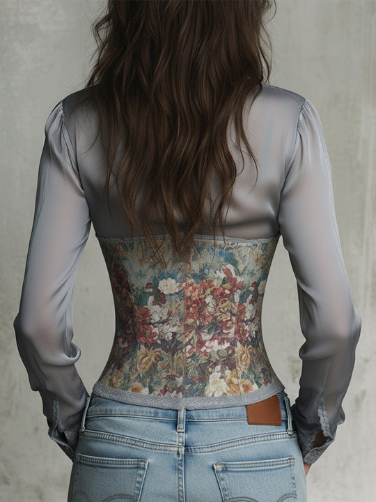 Elegant Oil Painting Flower Satin Long Sleeve Blouse