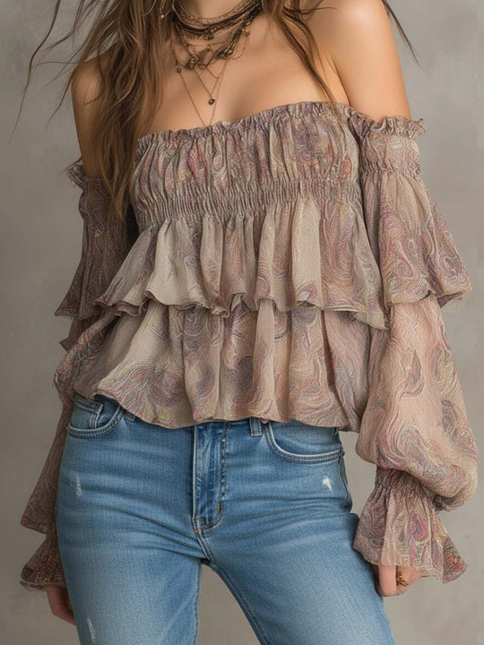 Vintage Off-the-shoulder Paisley Print Blouse