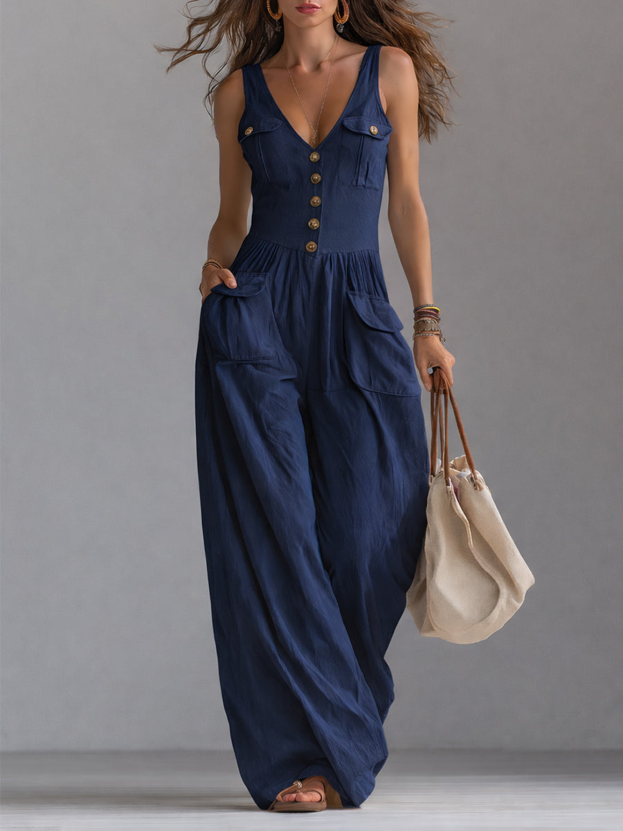 Casual Sleeveless Wide-leg Jumpsuit With Patch Pockets