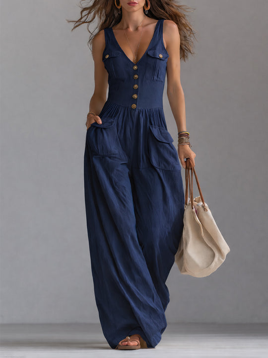 Casual Sleeveless Wide-leg Jumpsuit With Patch Pockets