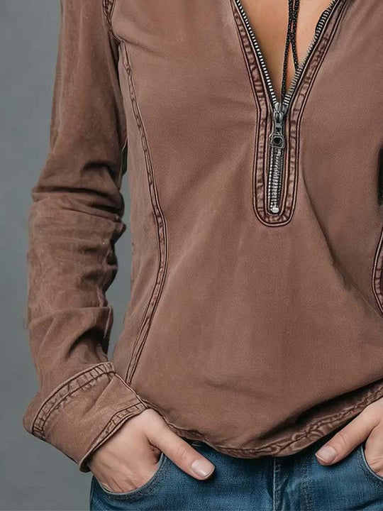 Vintage Washed Denim Quarter-Zip Top