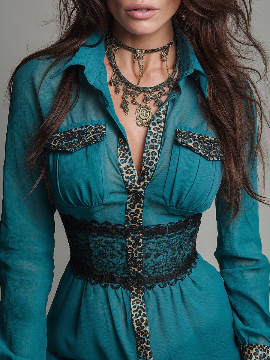 Bohemian Leopard Print Fitted Mini Dress With Lace Belt