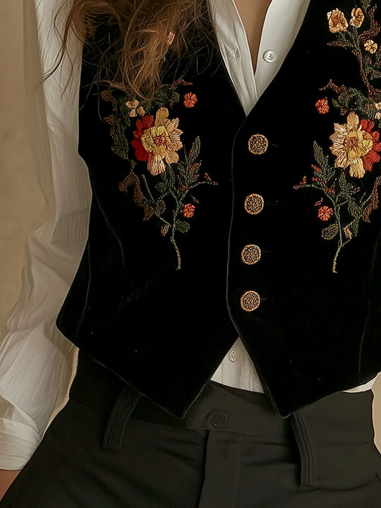 Floral Embroidery Single-breasted Velvet Waistcoat