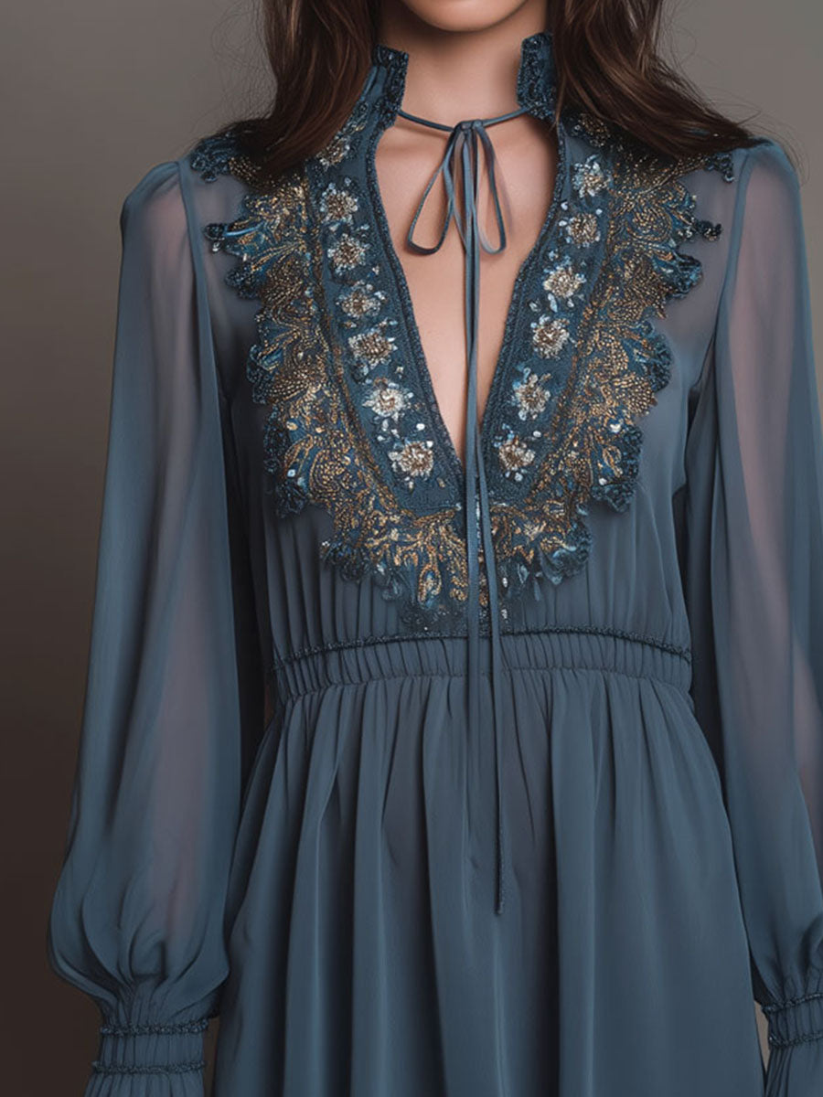 Boho Dusty Blue Tie-Neck Embroidered Chiffon Mini Dress