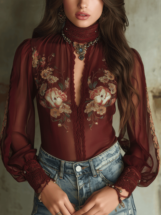 Romantic Burgundy Sheer Embroidery & Lace Cuffs Blouse