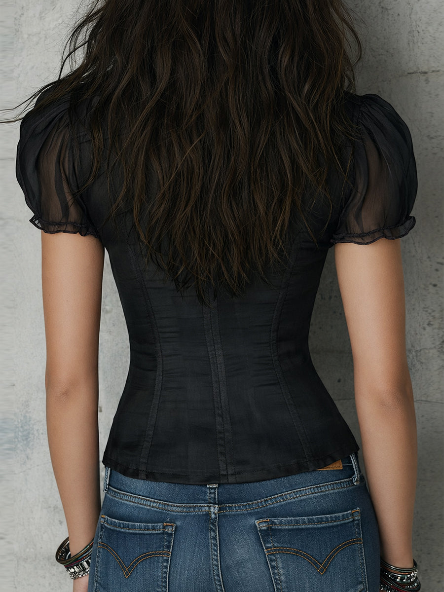 Retro Ruffled Neckline Satin Slim-fit Chiffon Short-sleeved Blouse