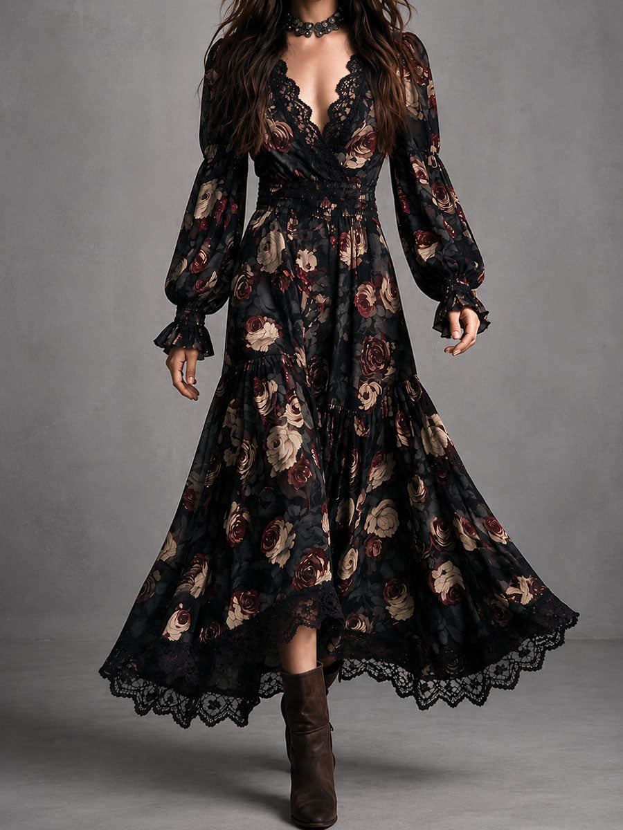 Vintage Rose Print Wrap Smocked Waist Maxi Dress With Lace Trim