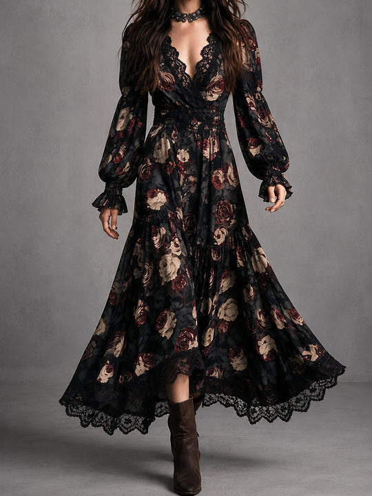 Vintage Rose Print Wrap Smocked Waist Maxi Dress With Lace Trim