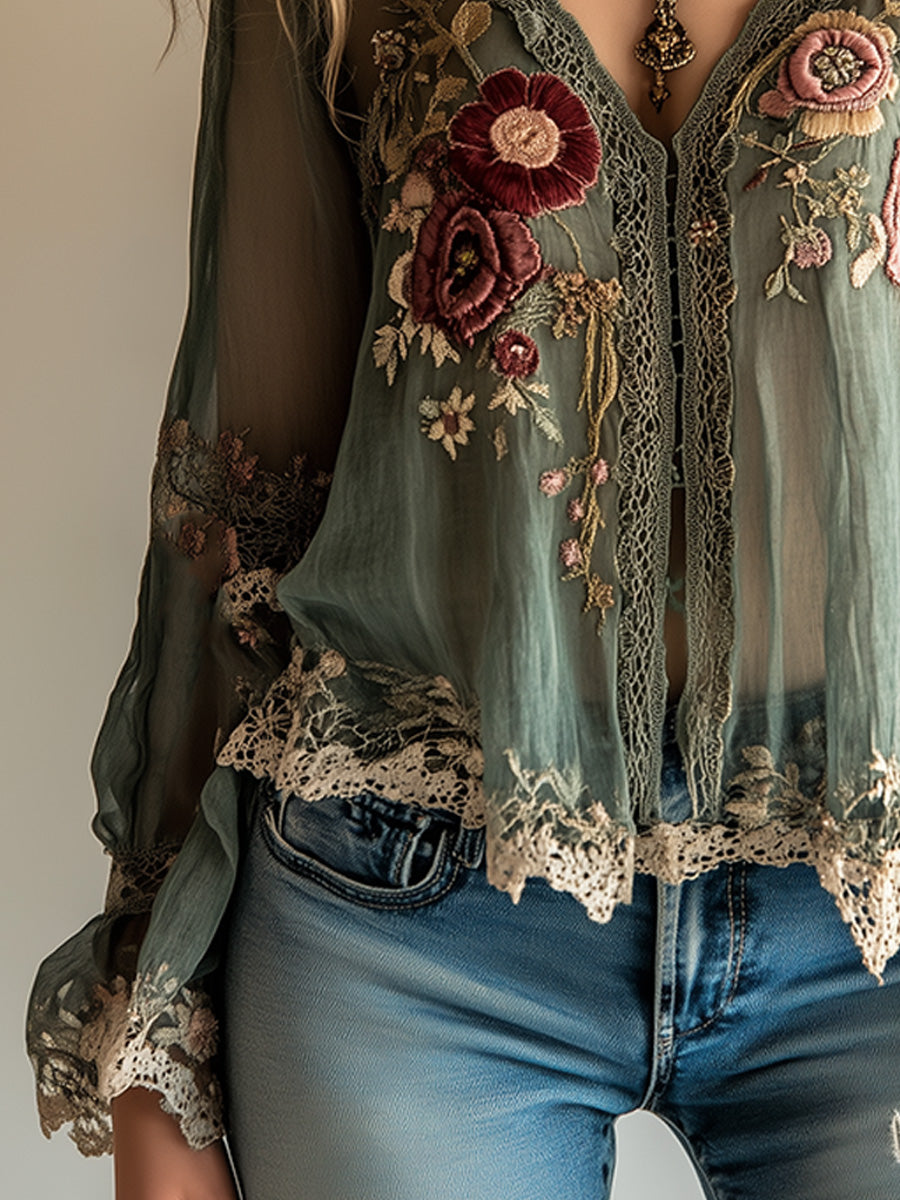 Bohemian Vintage Green Embroidered Shirt