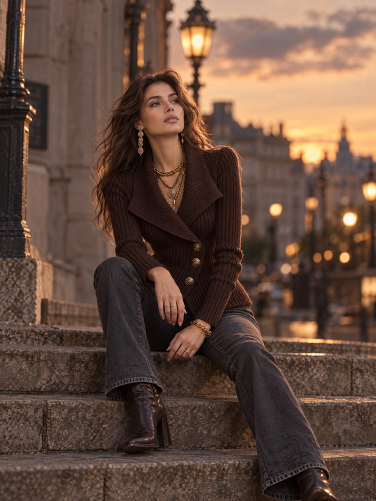 Refined Chocolate Brown Ribbed Asymmetric Button Knit Cardigan