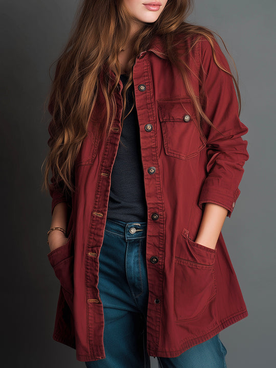 Rust Red Utility Longline Jacket With Pockets