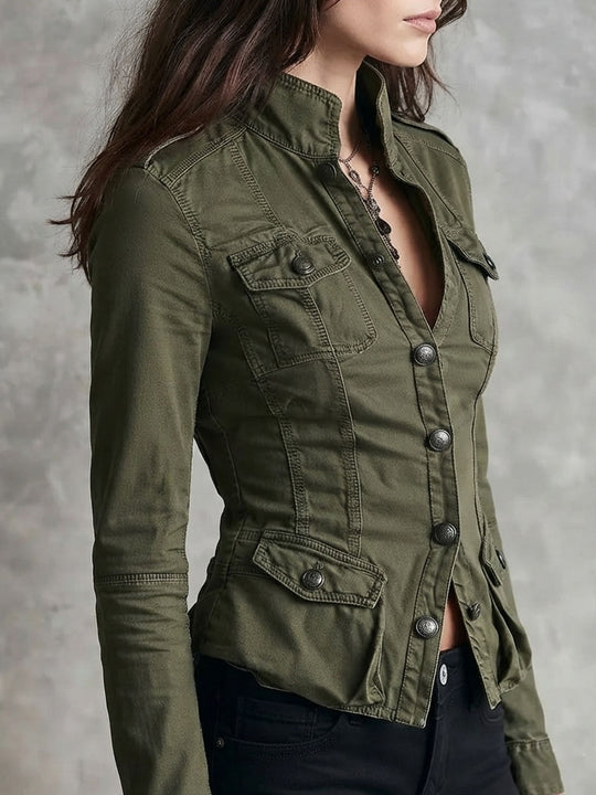 Vintage Army Green Wash Cotton Multi‑Pocket Jacket