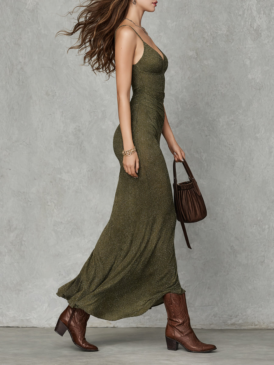 Retro Shiny Knitted Suspender Maxi Dress