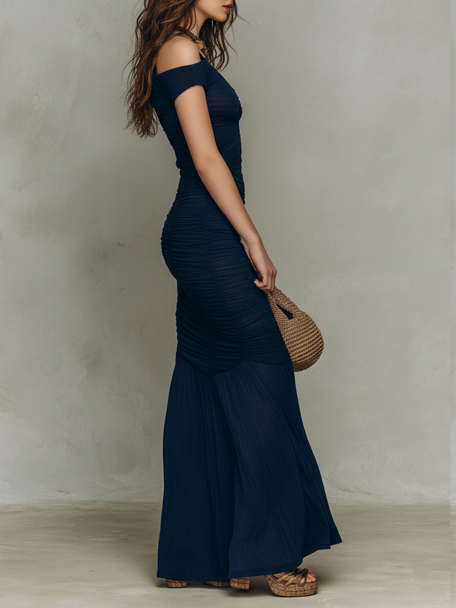 Retro Off-the-shoulder Pleated Hem Slit Maxi Dress