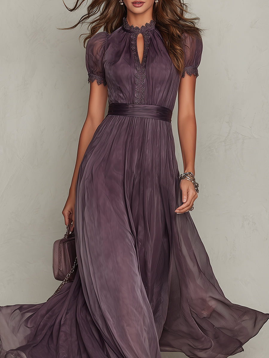 Retro Keyhole Collar Chiffon Maxi Dress With Lace