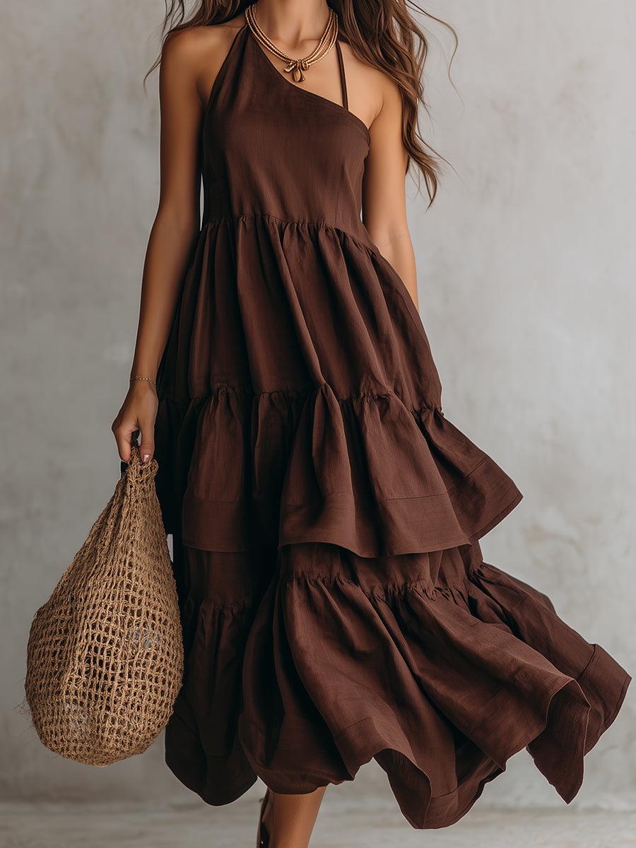 Boho Ruffle Hem One Shoulder Maxi Dress