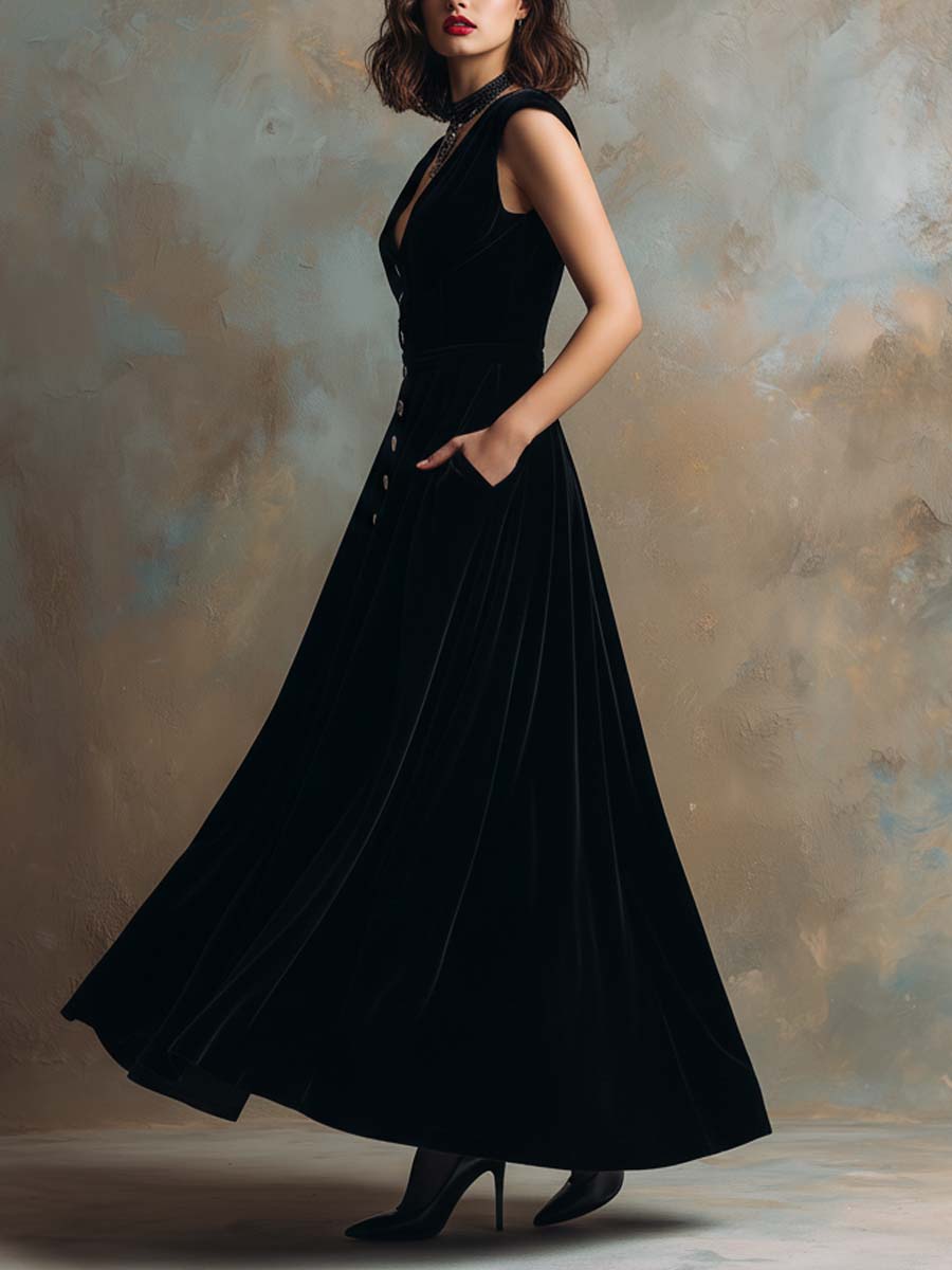 Black Velvet Button-Front Maxi Dress
