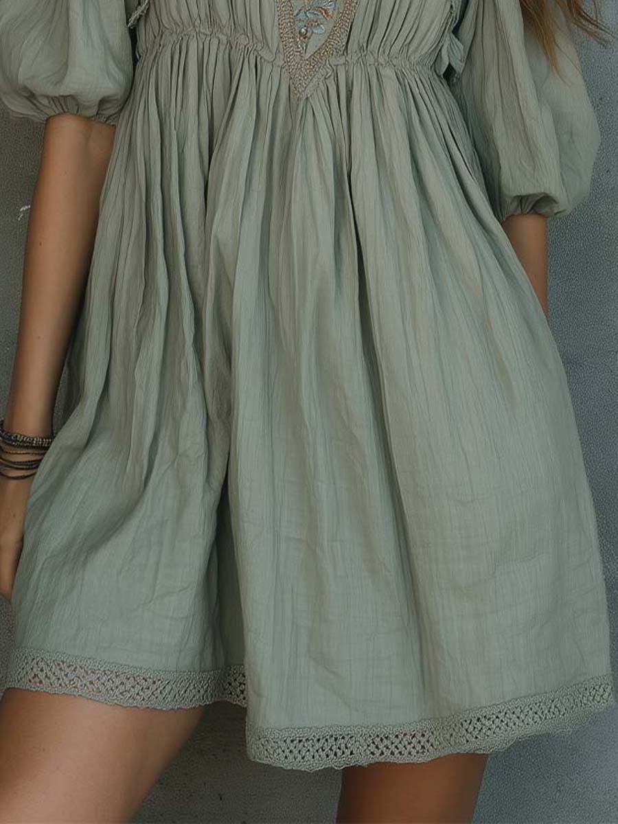 Boho Embroidered Cotton-Linen Puff Sleeve Mini Dress