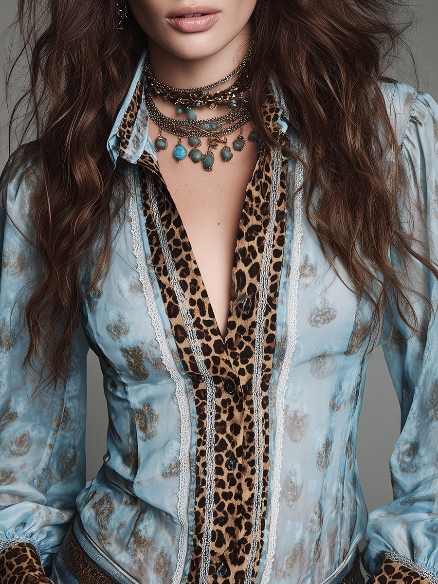 Retro Leopard Print Fitted Blouse With Lace Trim