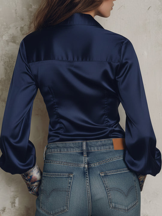 Retro Oil Painting Style Floral Print Satin Blouse