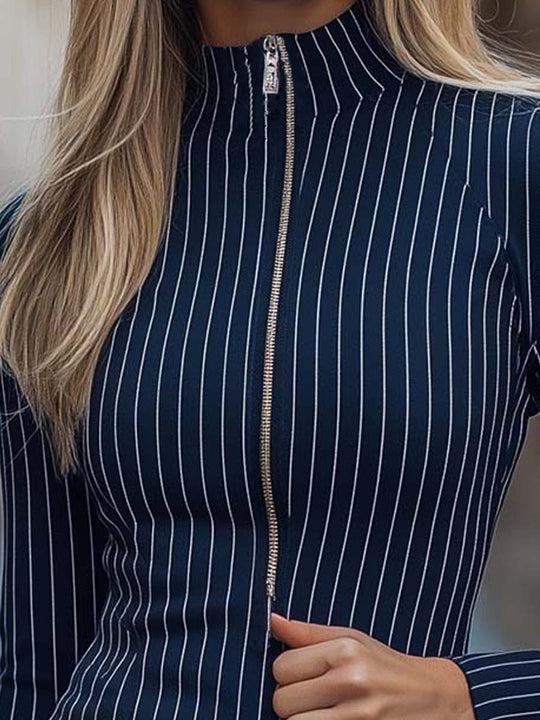 Navy Blue Vertical Striped Zipper Bodycon Dress