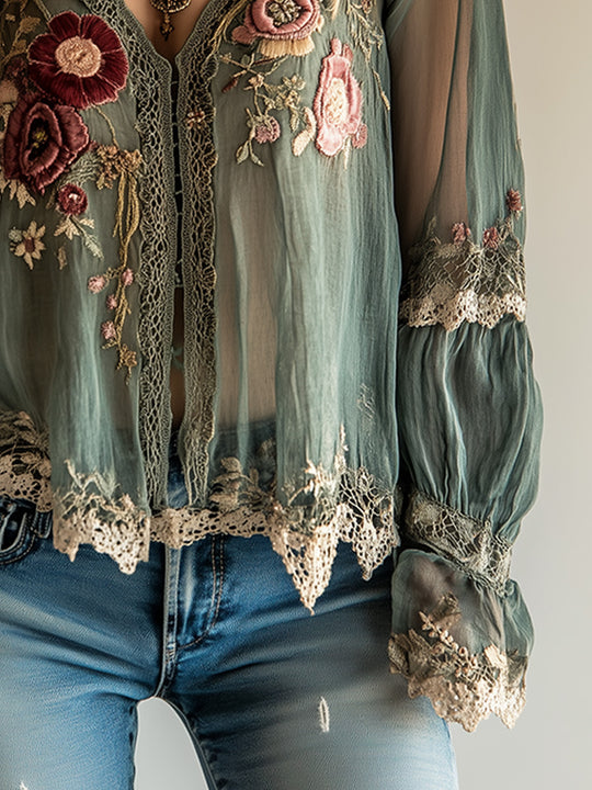 Bohemian Vintage Green Embroidered Shirt