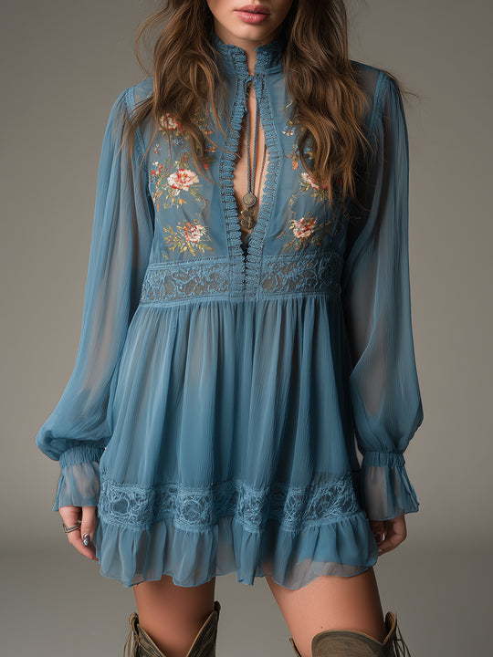 Bohemian Style Chiffon Embroidered Stand-collar Mini Dress