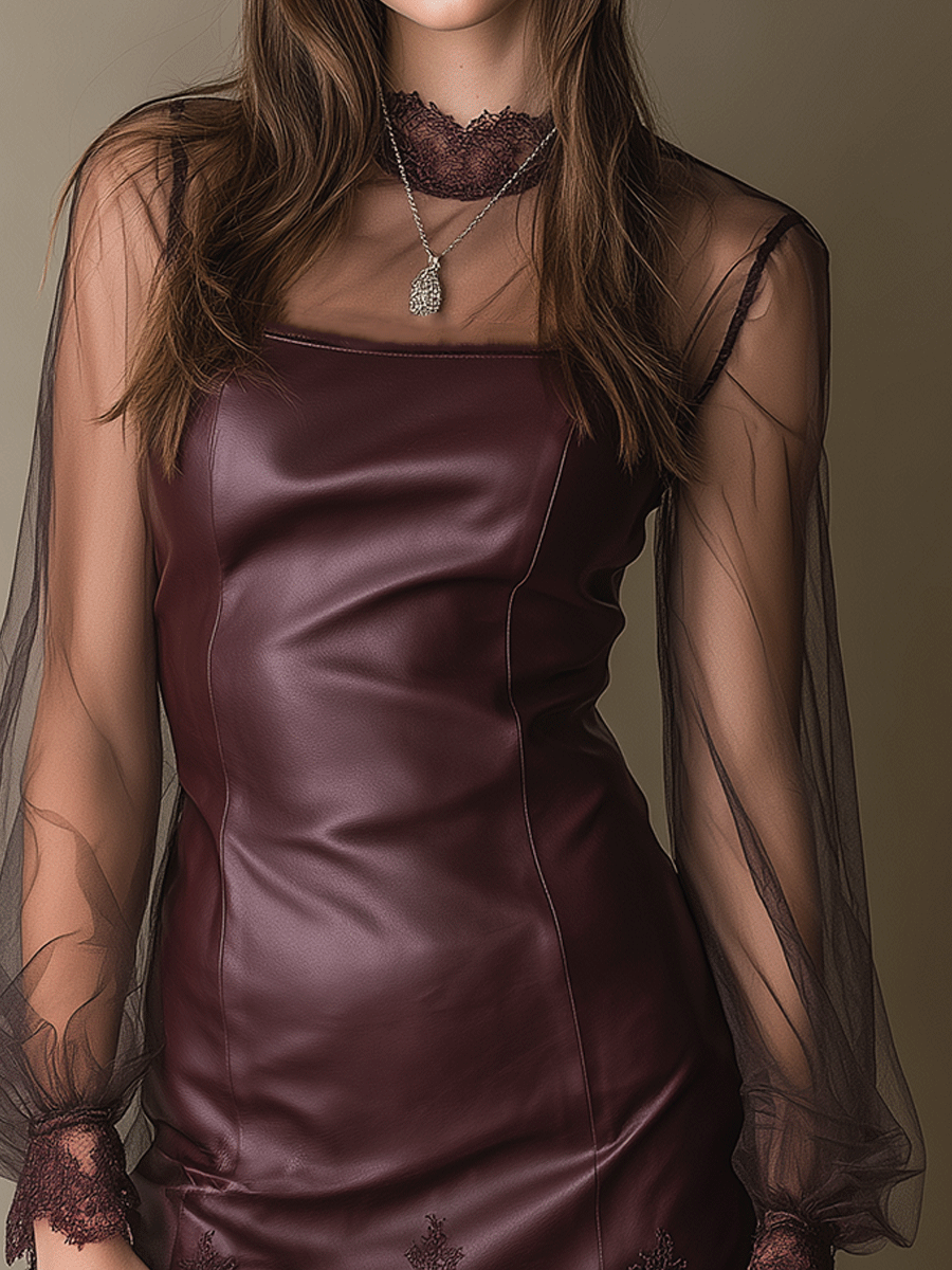 Burgundy Sheer-Sleeve Faux Leather Lace Mini Dress