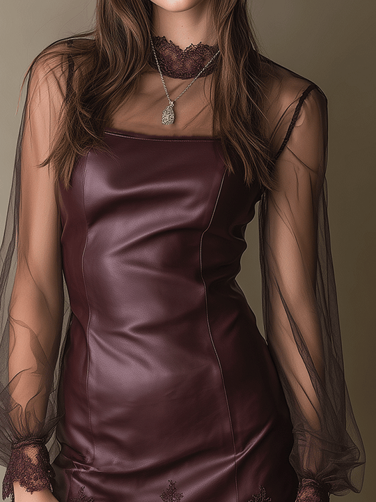Burgundy Sheer-Sleeve Faux Leather Lace Mini Dress