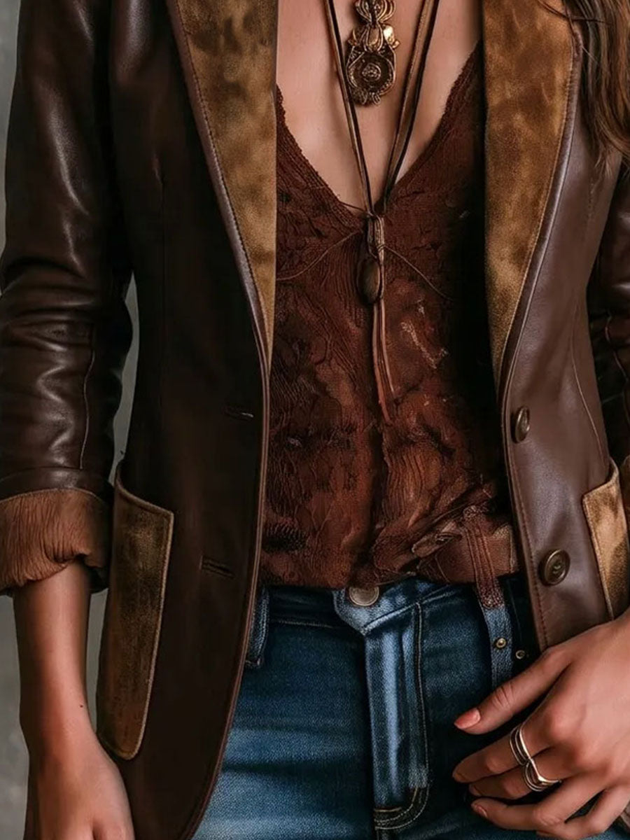 Retro Western Contrast Suede Trim Faux Leather Blazer