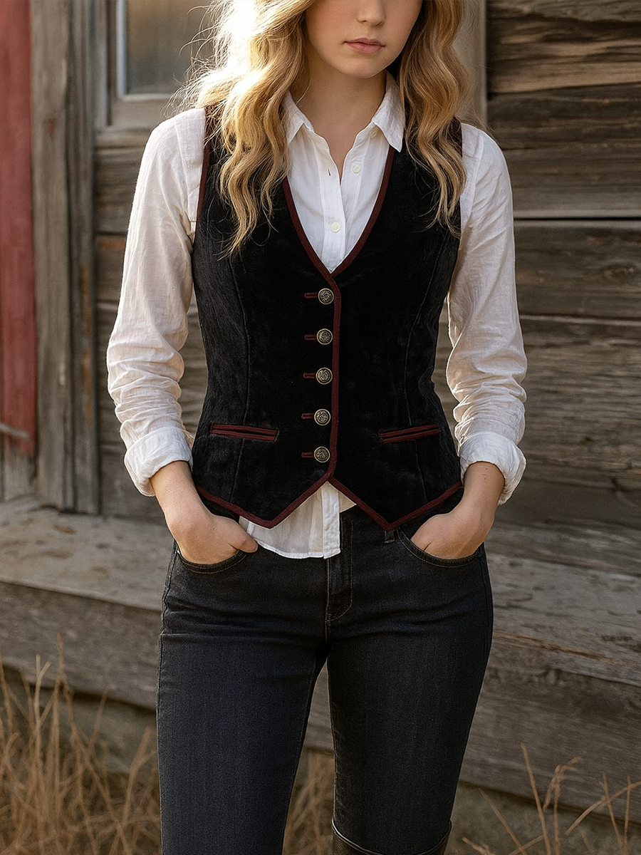 Vintage Contrast Trim Velvet Long Jacket