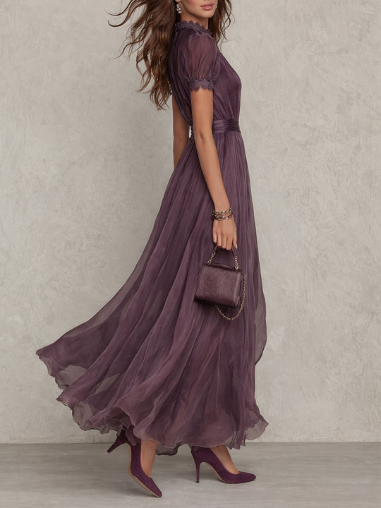 Retro Keyhole Collar Chiffon Maxi Dress With Lace