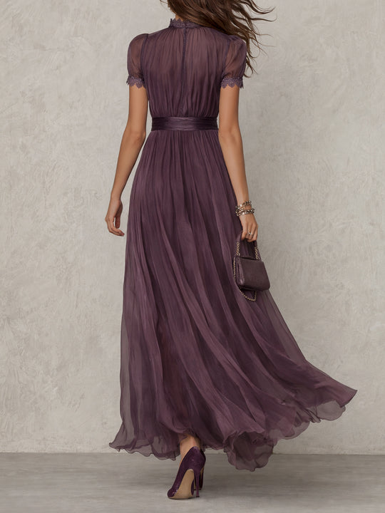 Retro Keyhole Collar Chiffon Maxi Dress With Lace