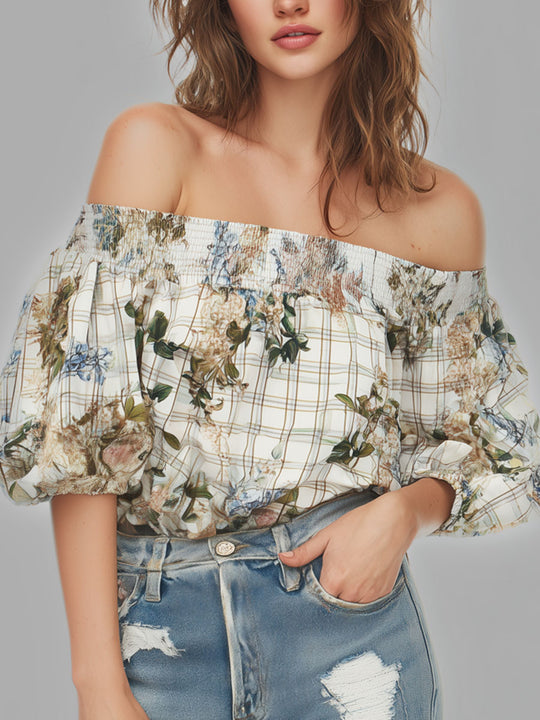 Boho Retro Off-Shoulder Smocked Neckline Floral Blouse