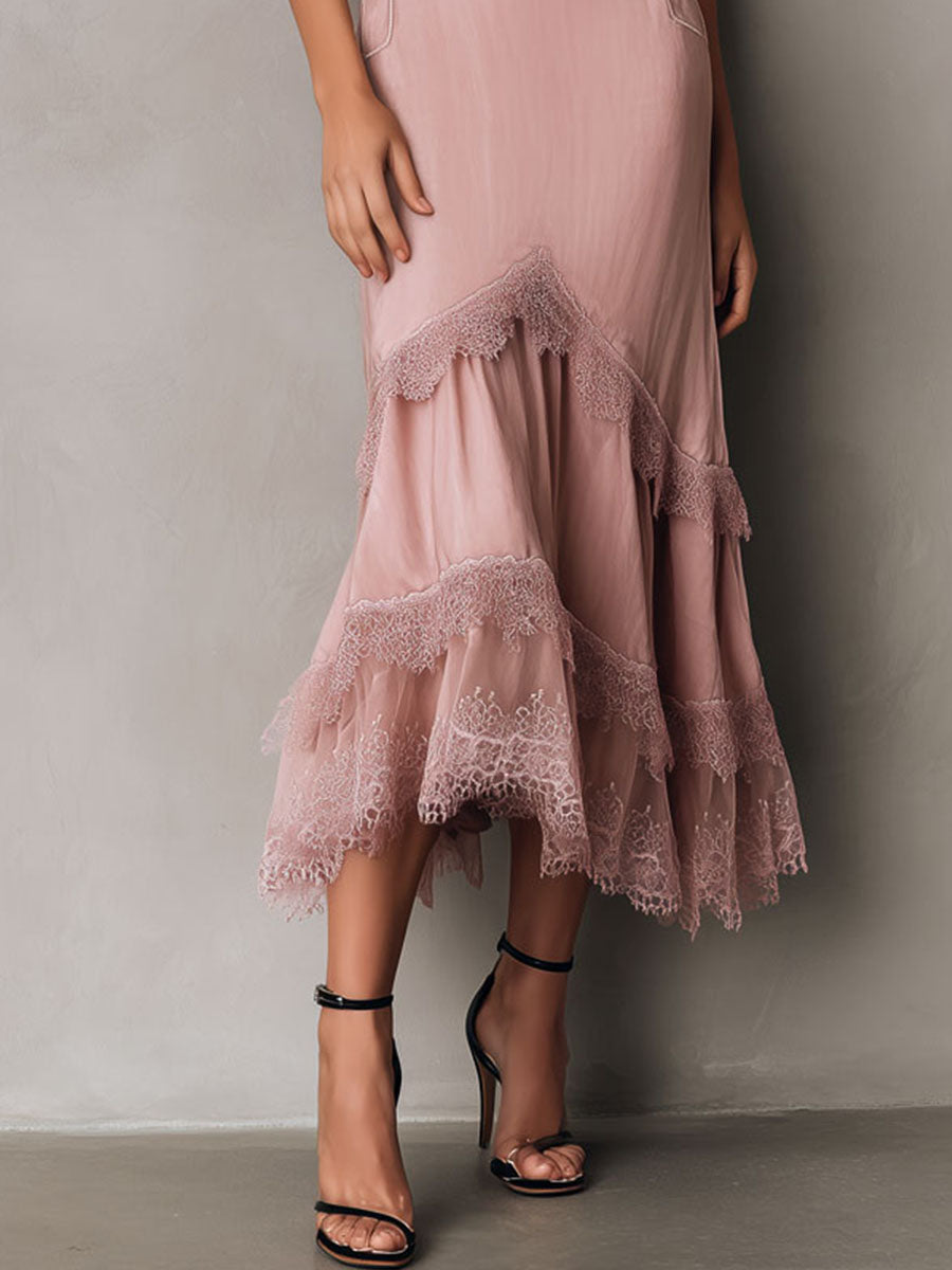 Elegant Blush Pink Lace-Trim Tiered Ruffle Hem Satin Midi Slip Dress