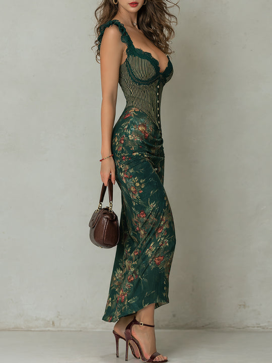 Vintage Lace Trim Striped Flower Print Maxi Dress