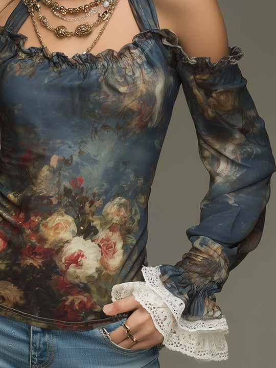 Retro Cold-shoulder Oil Painting Style Blouse